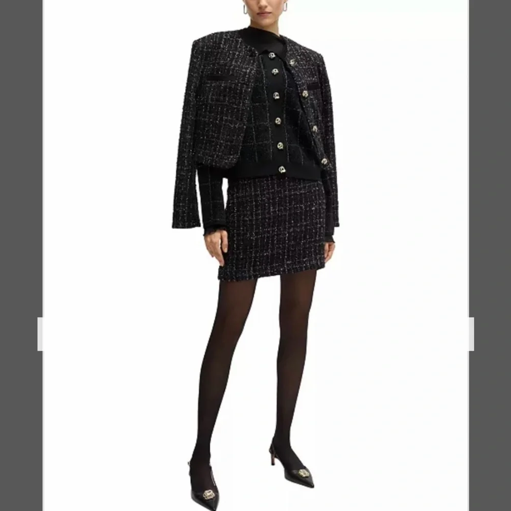 BOSS by Hugo Boss Women’s Sparkle Tweed Cropped Jacket in Black Lurex Plaid Sz L